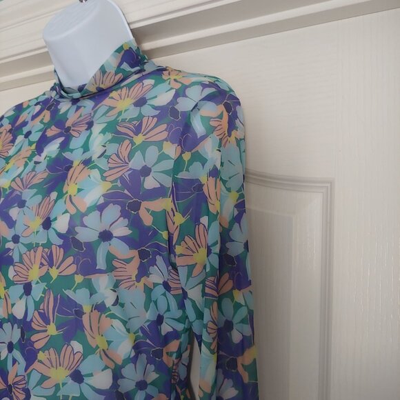 Maeve Water Color Disco Sheer Mesh  Mock Neck L-Sleeve Top S - Picture 7 of 12